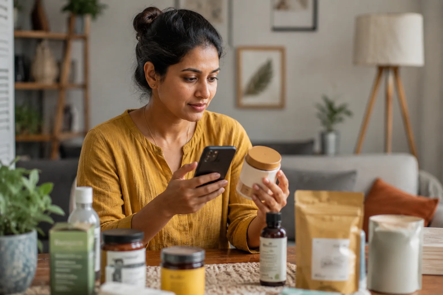 Woman at home comparing everyday household products while shopping on her phone