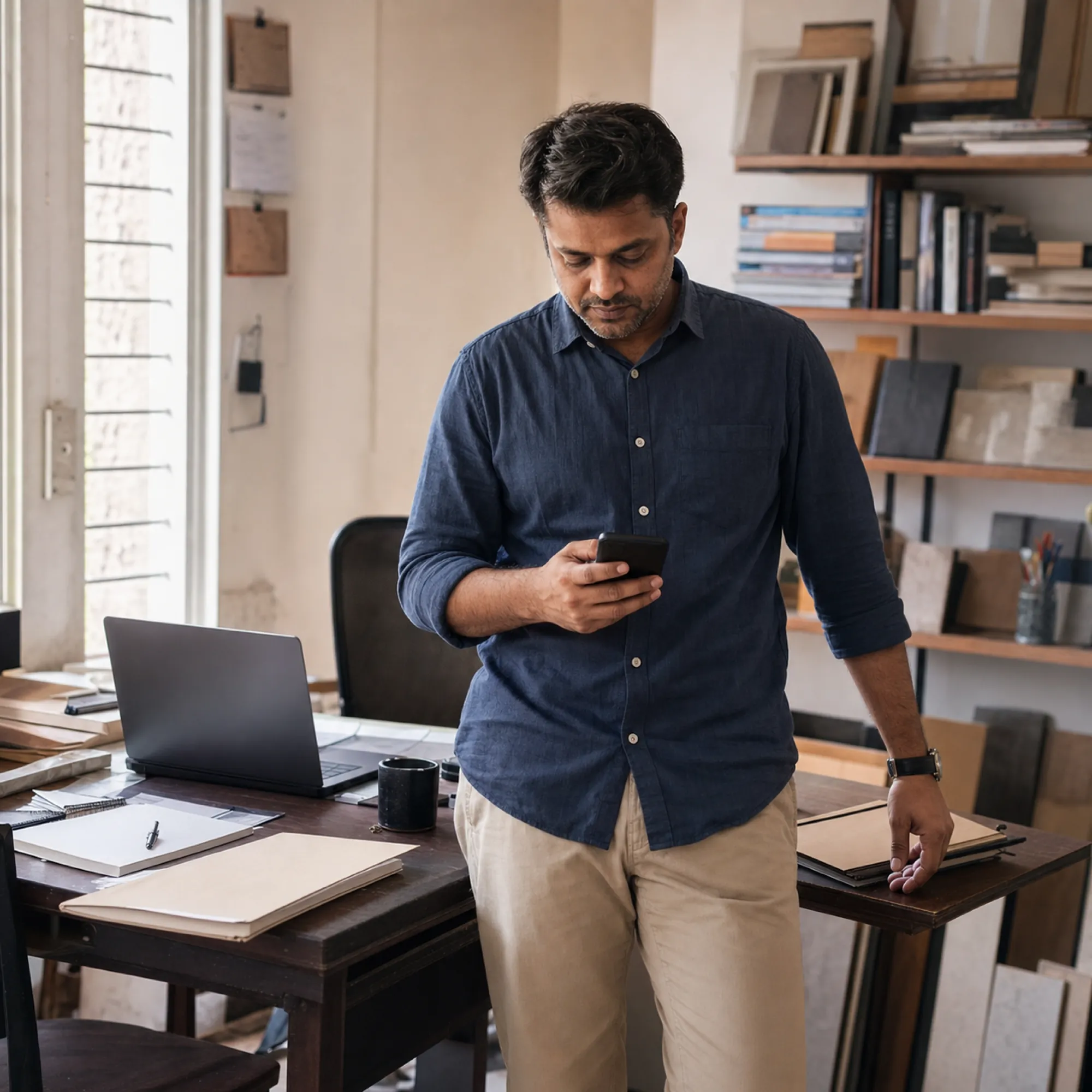 A self-employed professional checks his phone at the desk of his small home studio