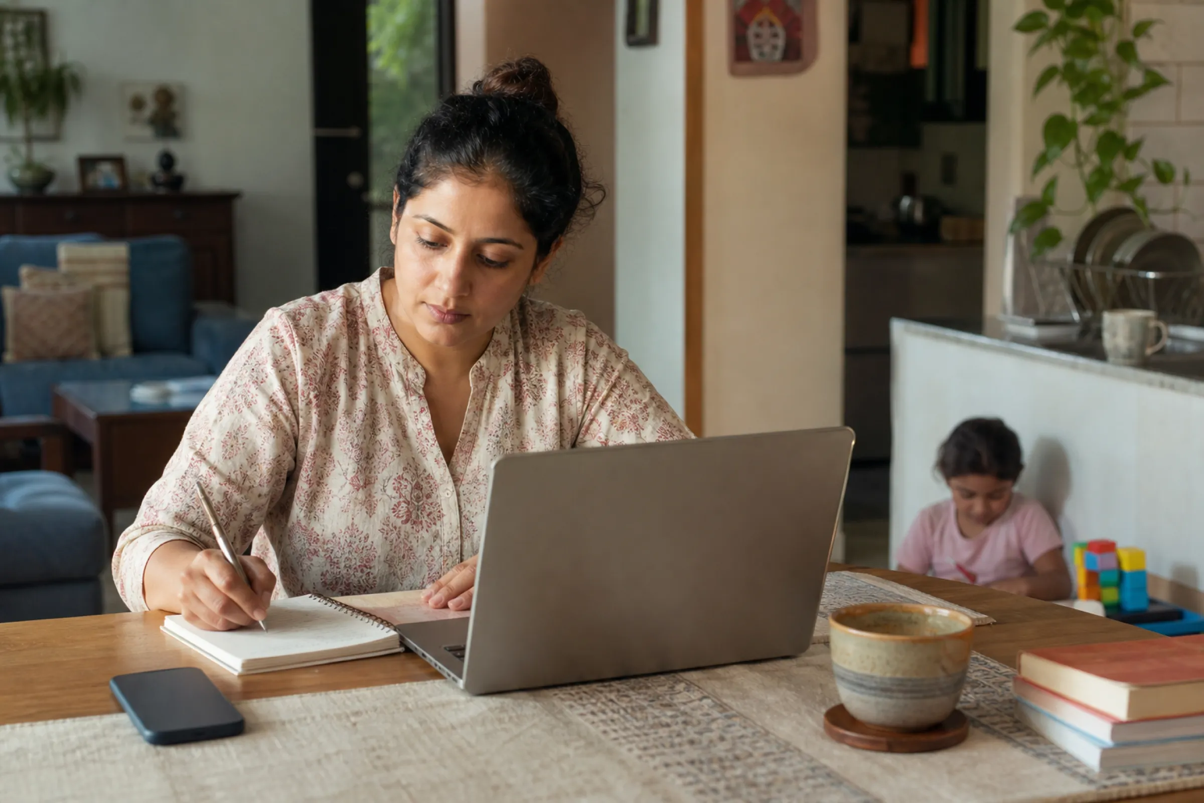 A woman works on a laptop at her dining table at home, writing notes, a cup of chai beside her