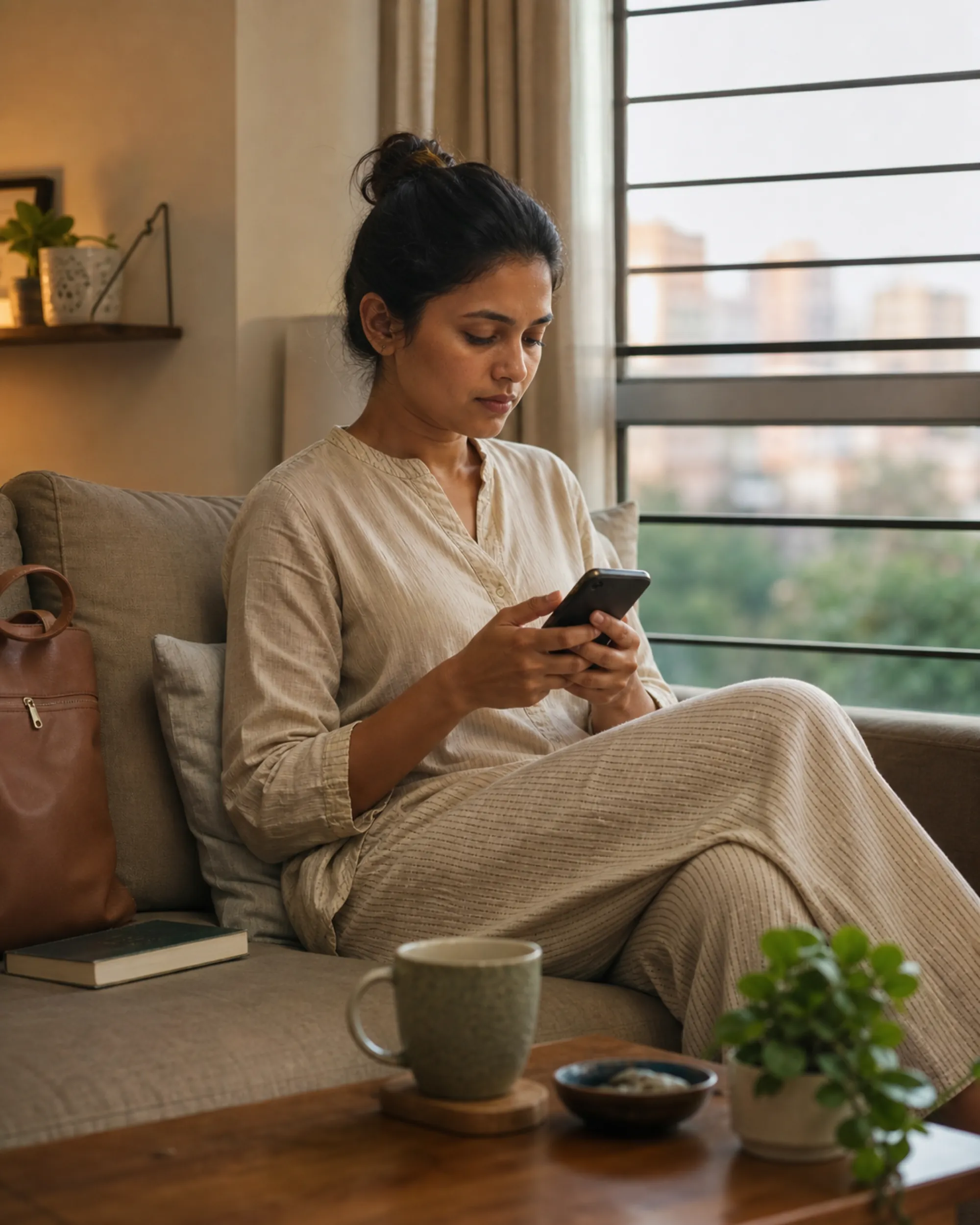 A young professional reads her phone on the sofa in the evening, a mug and a small plant on the table beside her